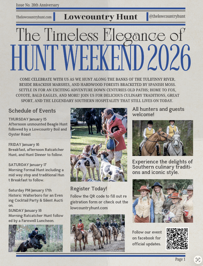 Historical flyer for The Timeless Elegance of Hunt Weekend 2026, held January 15 through 18