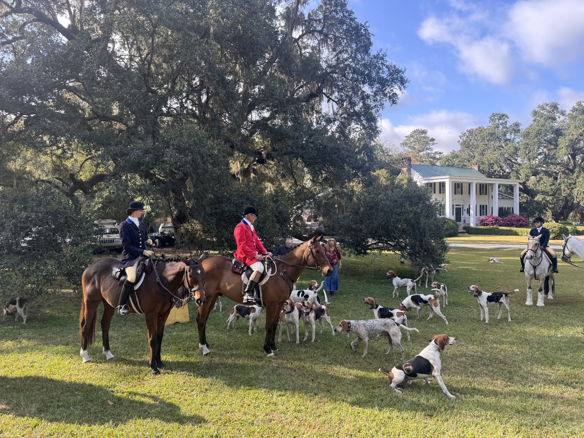 Mounted riders and a pack of hounds gathered beneath live oaks with a plantation house beyond.