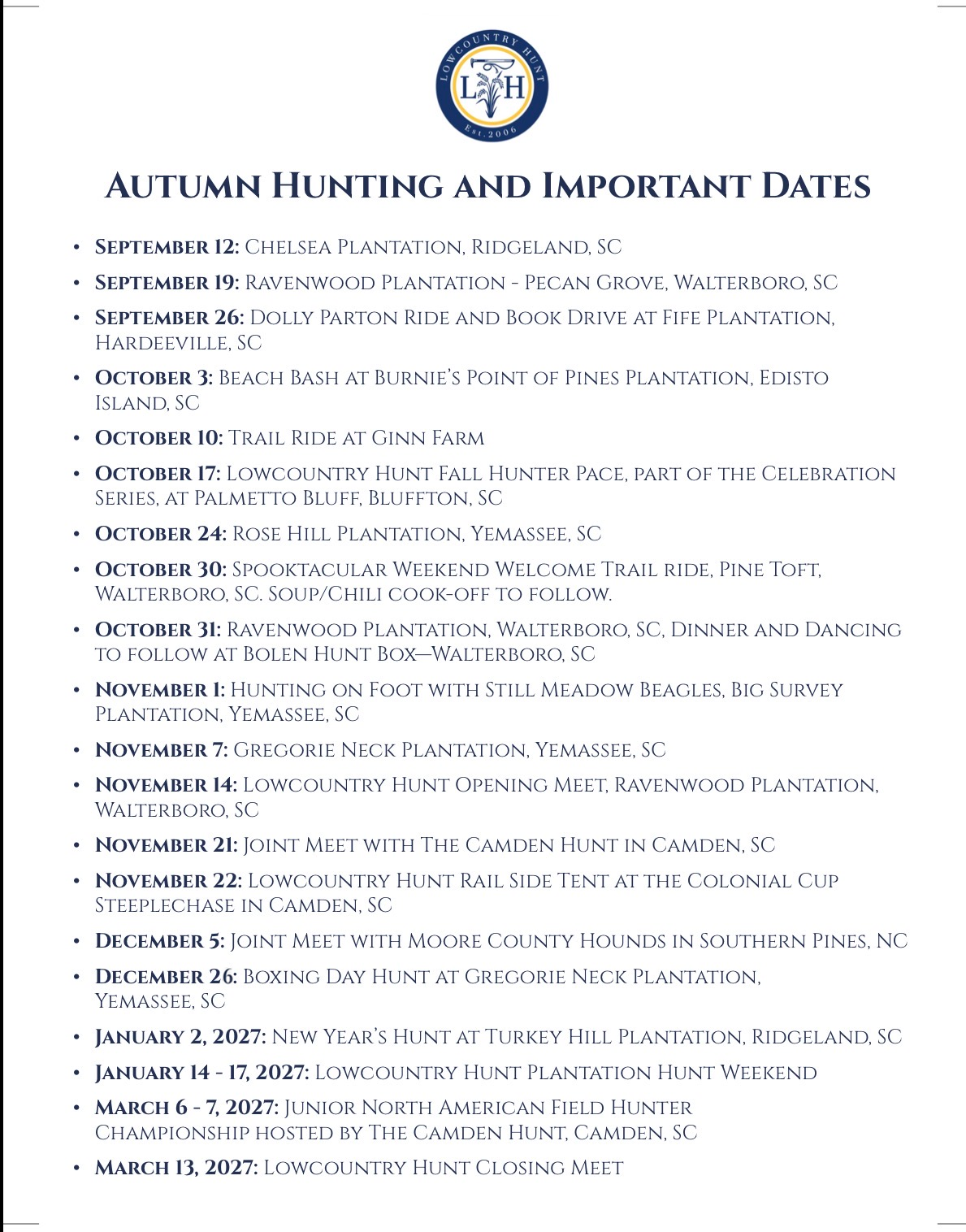 Lowcountry Hunt 2026–2027 seasonal overview titled Autumn Hunting and Important Dates