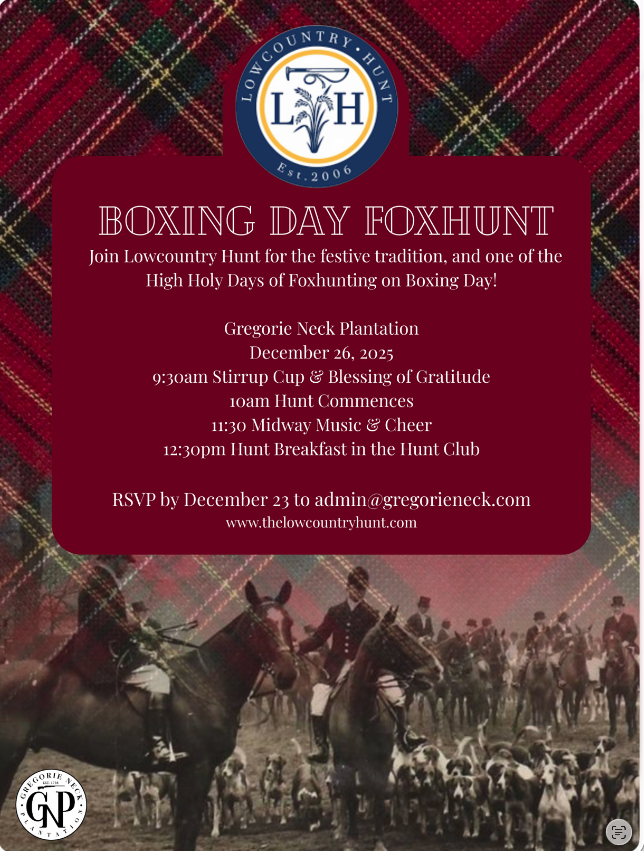 Historical flyer for the Boxing Day Foxhunt at Gregorie Neck Plantation on December 26, 2025